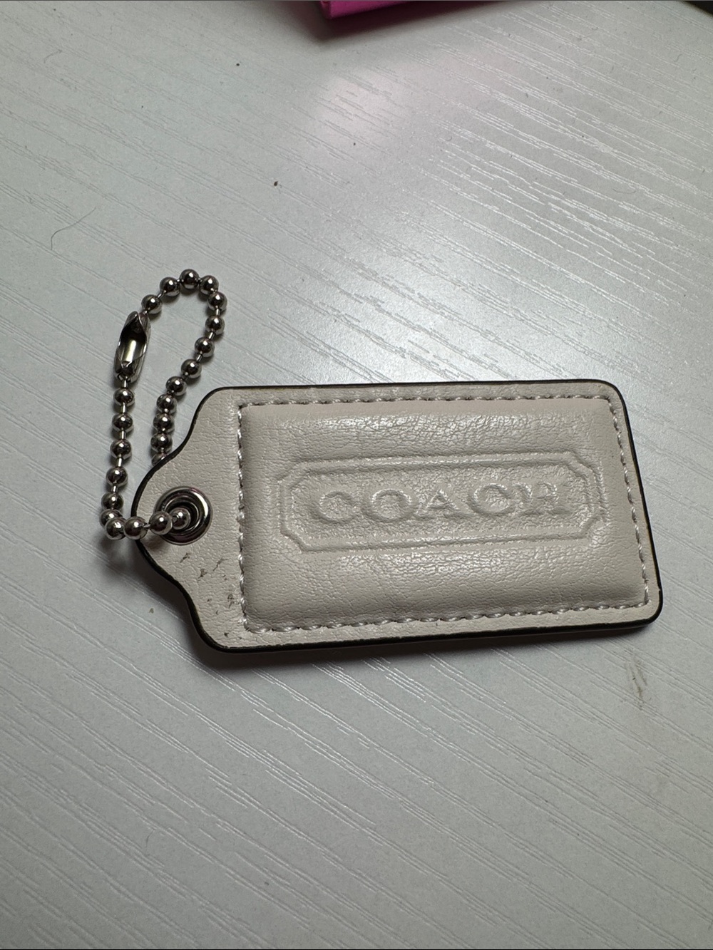 Coach White Leather Embossed Logo Key Tag with Ball Chain